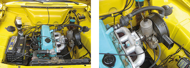 Pequeno motor quatro cilindros com potência considerável para a época / Disposição curiosa do carburador SU horizontal